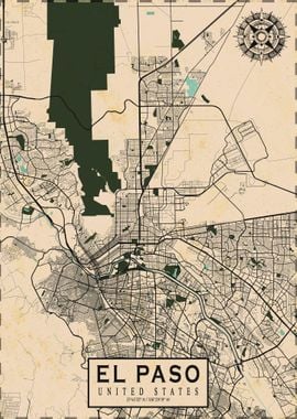 El Paso City Map Vintage