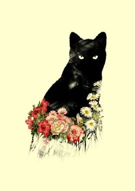 Black Cat Vintage Flower