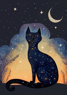 Starry Sky Cat by the Moon