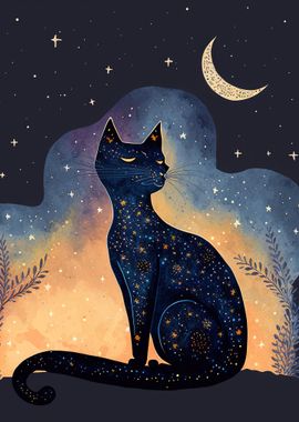 Cat by the Moon at night