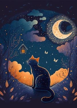 Cat at night by the Moon