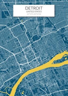 Detroit Map Blue Yellow