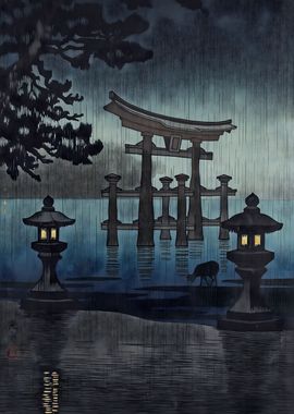 Ukiyo e Rain at Miyajima