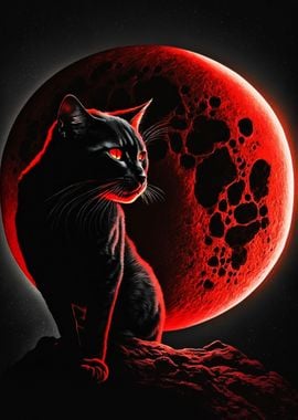 Cat And Red Moon