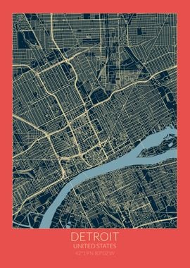 Detroit Map Red Blue