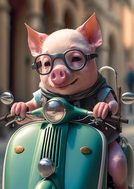 Piglet riding Vespa