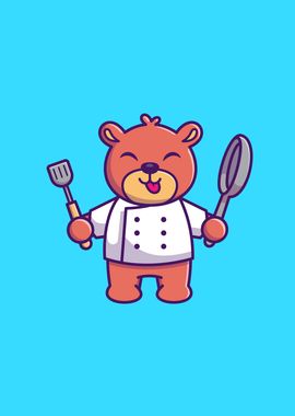 Cute Chef Bear Holding Pan