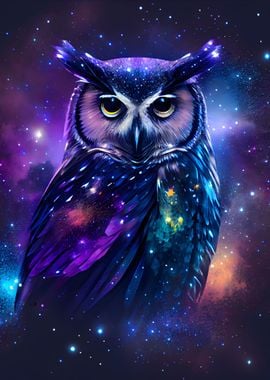 OWL with Galaxy Theme' Poster, picture, metal print, paint by Ali Ch