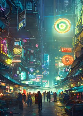 'Nights Market Cyberpunk' Poster, picture, metal print, paint by Alex ...