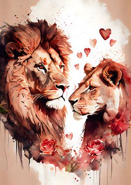 Lions Couple Watercolor