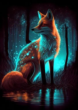 Fox Night Forest' Poster, picture, metal print, paint by DecoyDesign |  Displate