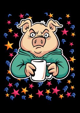 Pig drinks coffee