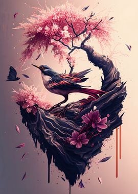 Pink Bonsai with Bird