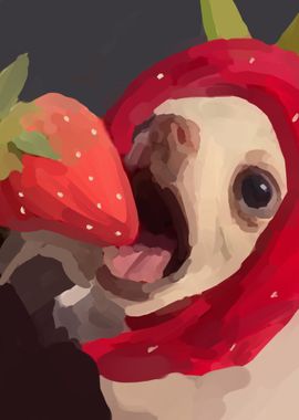 a dog with strawberry hat