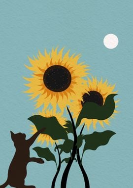 Funny cat and sunflower