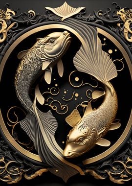 Golden Koi Fish Art Deco