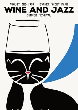 Wine and Jazz Cat Poster