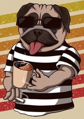 Funny Pug Dog drink coffee