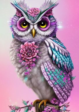 Cute Owl Bird with Flowers