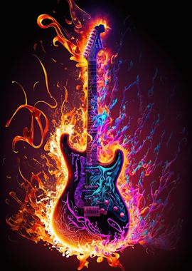 Flaming Guitar Rock Music Poster