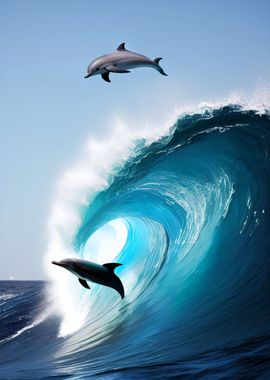 Dolphins at the Sea Wave