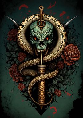 Snake with sword and skull