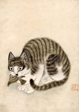 Ukiyo e Cat with bird