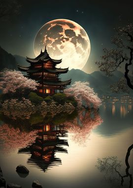 Japan landscape moon