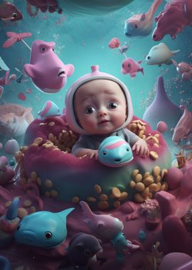 3d baby with food and fish