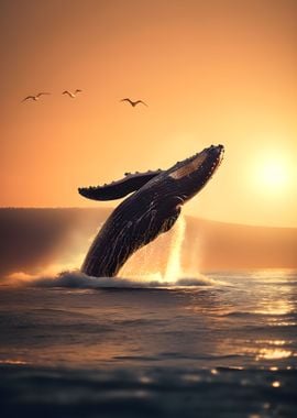 Whale jumping in the sea