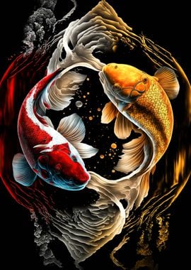 Yin yang koi fish ' Poster, picture, metal print, paint by Minimalist Anime
