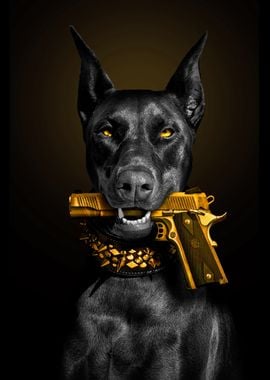 Dog with gold gun