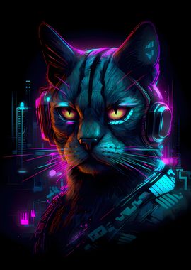 Cat Cyberpunk Neon Art