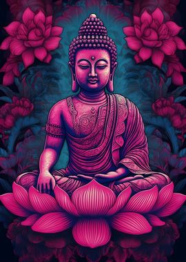 Buddhas picture, Lotus\' paint Poster, David Godbehere metal print, Displate | pink by