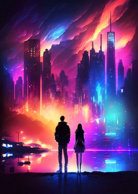 Vibrant Neon CIty Couple