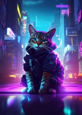 Cat Cyberpunk Neon Art