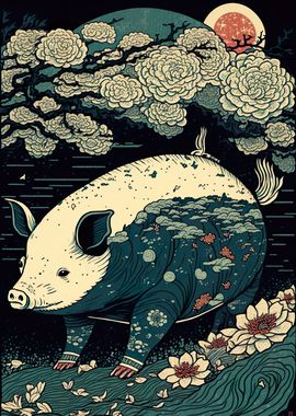 Pig Ukiyo e Japan China