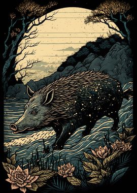 Wild boar Ukiyo e Japan