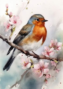 Robin Bird On Cherry Tree