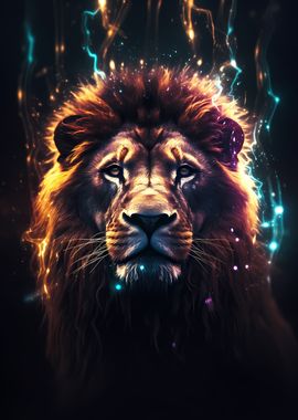 Lion Water Neon Cosmic Art