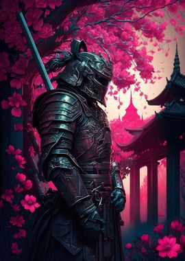 Samurai in front of temple' Poster, picture, metal print, paint by