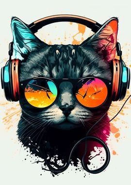 Cat headphone dj music