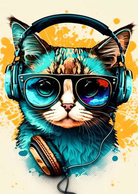 Cat headphone dj music