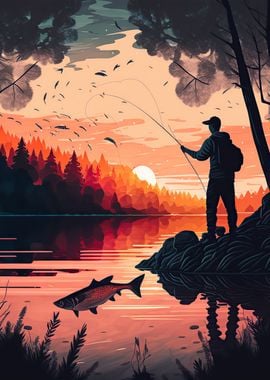 Fisherman fishing' Poster, picture, metal print, paint by