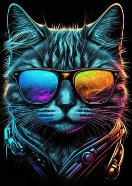 Metal Poster Displate Cat Girl Blue Neon Anime  With Magnet