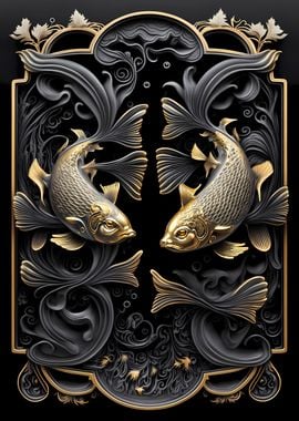 Golden Koi Fish Art Deco