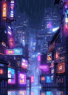 colorful Nighttime cyberpunk city illustration. A night of the