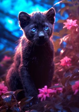 panther cub in pink flower