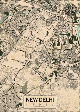 New Delhi City Map Vintage