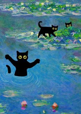 Black Cat Monet Waterlily Poster picture metal print paint by